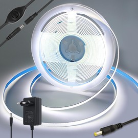 Yamlten 12 V COB LED Strip 6000 K Cool White with Switch, 320 LEDs/M Dimmable LED Strip for TV Backlight, Computer, Cabinet, Bedroom, DIY LED Strip 2 m (Power Supply Excludes)