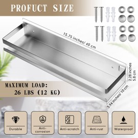 Lallisa 2 Pieces Stainless Steel Shelf Bathroom Shower Floating Shelves Wall Mounted Shower Caddy Basket Shelf Storage Organizer Shelves for Bathroom, Kitchen, Living Room(15.75 Inch/ 40 cm,Silver)