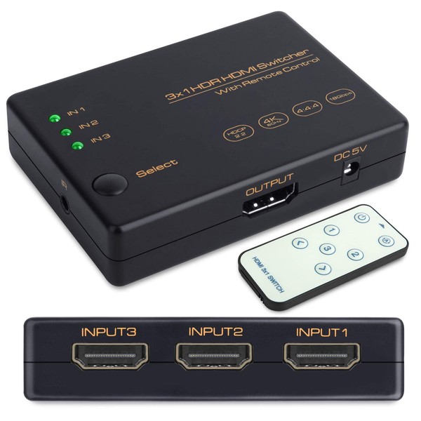 HDMI Switcher, 3 in 1 Output, HDMI2.0 HDMI Selector, 4K60Hz, HDMI Splitter, USB Power, Supports 4K+3D, HDCP2.2, Splitter with Auto Manual Switching Function with Remote Control, Compatible with PS5, PS4 Pro, PS3, Xbox, Fire TV, ROKU, Laptop, Apple TV, DV