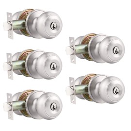 Probrico (5 Pack) Satin Nickel Round Entry Door Knobs Keyed Alike, Exterior/Interior Door Handles Bedroom Bathroom/Front/Offic Doors, Door Lock with Locks and 3 Combo Keys Lock Security