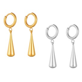2 Pairs Teardrop Dangle Earrings for Women Gold Silver Plated Waterdrop Charms Statement Drop Dangling Small Hoops Earring Piercing Lightweight Fashion Birthday Holiday Jewelry, Metal, No Gemstone