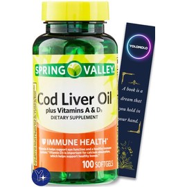 Cod Liver Oil Plus Vitamins A & D3 Immune Health Dietary Supplement Softgels Spring Valley, 100 Count and Bookmark Gift of YOLOMOLO