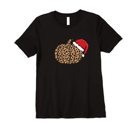 Womens Leopard Pattern Pumpkin Santa Hat Christmas Office Party Premium T-Shirt