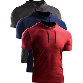 Neleus Men's 3 Pack Dry Fit Running Shirt Workout Athletic Shirt with Hoods,Grey Black,Navy Blue,Red,US L,EU XL