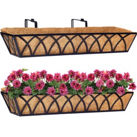 HFHOME 2 Pcs 30" Window Box Deck Railing Planter with Horse Trough Coco Liners, Black Metal Hanging Flower Planters Baskets for Indoor, Outdoor, Balcony, Porch, Fence, Patio, and Lawn