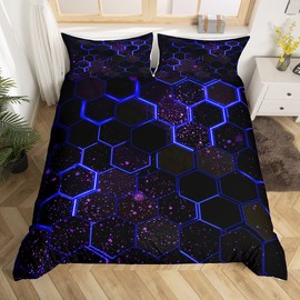 Black Navy Blue Honeycomb Duvet Cover Neon Hexagon Comforter Cover Geometric Beehive Single Bedding Sets for Boys,Abstract Line Art Bed Set Modern Geometry Room Decor