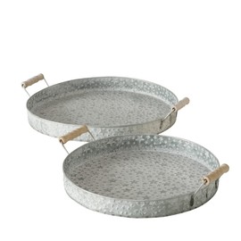 WHW Whole House Worlds Stockbridge 2 Piece Star Studded Circular Tray Set, Zinc, Grey, Wood Handles, 13.5 Inches, Serving, Snacks, Desserts, Plants, Candles, Ottoman