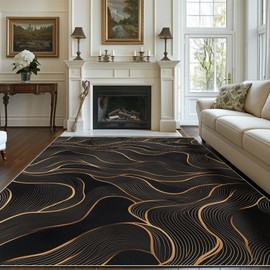 6x9 Area Rug Black Gold Modern Rug for Living Room Indoor Machine Washable Abstract Rugs for Bedroom Ultra Soft Dining Room Large Carpet Non-Slip Non-Shedding Throw Rug for Home Office