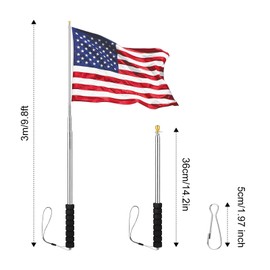 Risipu 9.8FT Telescopic Flag Pole,Stainless Steel Handheld Portable Extendable Retractable Flagpole with Anti-Slip Grip Clip for Tour Guide Festival Teaching Pointer (9.8ft - Black)