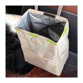 Fekey&JF Hanging Car Trash Can with Storage Pockets, Waterproof Leakproof Oxford Auto Garbage Bag, Multi-Use Organizer for Outdoor Traveling, Foldable Trash Bin for Truck, SUV, Home, Office (Beige)