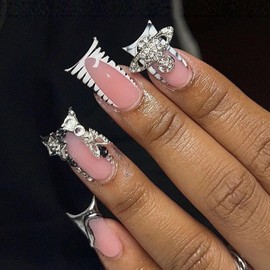 BABALAL Duck Nails Press on Black Fake Nails French Tip Glue ons Nails Star Planet Rose Charm Design Acrylic Nails 24Pcs Punk Goth Duck False Nails