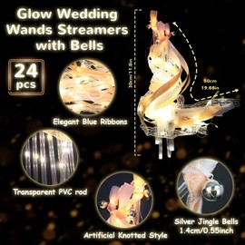 U-MOJOK 24 PCS Light Up Wands Ribbon Streamers Sticks, Glow Wedding Send Off, LED Silk Fairy Wands with Bells for Reception,Graduation, Birthday (Champagne White)