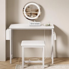 Small Vanity Desk with Mirror and Lights - Makeup Mini Girls Vanity Set Table with Chair, Power Outlet, White Compact Make Up Dressing Table for Kids Bedroom