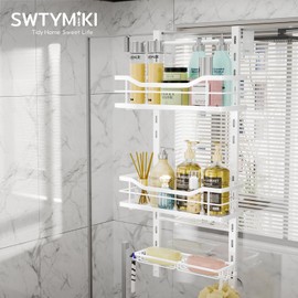 SWTYMIKI Over the Door Shower Caddy - 3 Tier Adjustable Shower Organizer Hanging with Soap Holder, No Drilling Stainless Steel Bathroom Hanging Caddy for Body Wash, Shampoo, Soap, Razor, White
