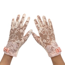 aoozleny Women Lace Floral Gloves Non-slip Elegant Short Bow Lace Gloves for Wedding Parties Driving Cycling (pink)