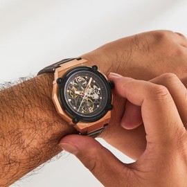 SURVAN WatchDesigner Men's Luxury Automatic Mechanical Skeleton Watch, 47mm Silver Case, Brown Leather Strap, Water Resistant, No Battery Needed, Pure Mechanical Power