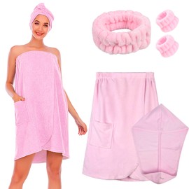 QZUnique Bath Wrap Towel with Straps Women Shower Robes Turban&Headband Bathrobe Dress with Straps Adjustable Closure