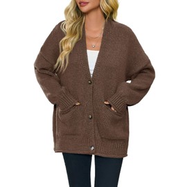 Saodimallsu Womens Chunky V Neck Cardigan Sweater Puff Sleeve Knit Cardigans Button Down Outwear with Pockets 2025 Coffee