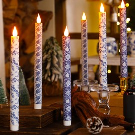 Baquler 6 Pcs Christmas Flameless Taper Candles 10.6 Inch Glitter Candles Battery Operated LED Christmas Candlesticks for Christmas Centerpiece Holiday Xmas Party Decor(Blue Chinoiserie Style)