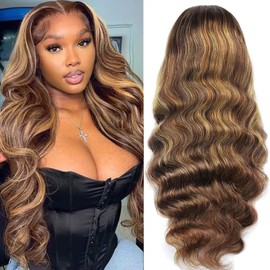 Glueless Wig Human Hair Body Wave Human Hair Wig for Black Women 4x4 HD Transparent Lace Frontal 180% Density Wear and Go Glueless Wigs Highlight Ombre P4/27 Color 20 inch