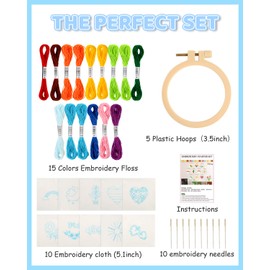 Pllieay 10 PCS Embroidery Beginner Kits for Kids 7-13, Includes Instructions Embroidery Starter Kit with Pattern, Needlepoint Kits for Backpack 