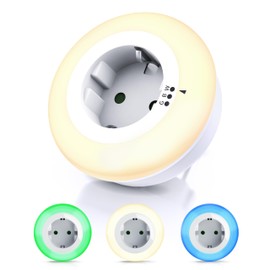 CSL - Night Light Socket with Twilight Sensor - LED Night Lamp with Brightness Sensor - Auto On Off - Orientation Light with 3 Light Colours Warm White Blue Green - Children Adults Seniors