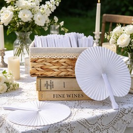 Aneco 120 Pieces Round Paper Folding Fans, White Foldable Handheld Fans with Plastic Handle, Wedding Decorative Folding Hand Fan with Storage Basket for Bridal Guest Church Party Favors DIY Crafts