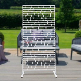 74.8" H x 35.4" W Metal Privacy Screen, Freestanding Decorative Privacy Screen with Stand, Outdoor Privacy Screens and Panels, Outdoor Privacy Panels Decorative Privacy Fence, Oval Pattern, White