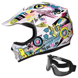 JAGASOL DOT Youth Teenager Motocross Offroad Street Dirt Bike Helmet BMX MX ATV Helmet with Goggles (Large, White)