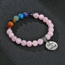 JSDDE Rose Quartz Crystal Bead Bracelet 7 Chakras Healing Gemstone Bracelet Yoga Stone Meditation Bracelets with Text Charm - Believe in Yourself
