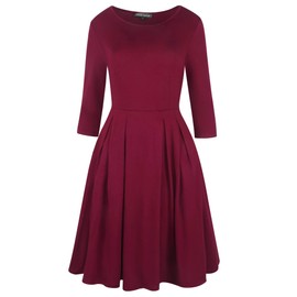 oxiuly Women's Vintage Patchwork Pockets Puffy Swing Casual Party Dress OX165 (Wine Solid 7f, x_l)