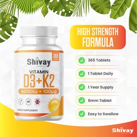 Vitamin D3 4000iu & Vitamin K2 100ug | 365 Vegetarian Tablets | High Strength Vitamin D3 K2 (MK 7) Supplement | 1 Year Supply | Made in The UK | Shivay Herbals
