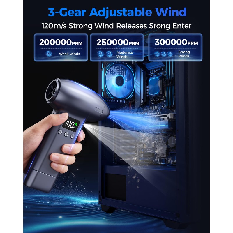 Upgraded Compressed Air Duster-300000RPM Ultra-Powerful Brushless Motor Electric Air Duster