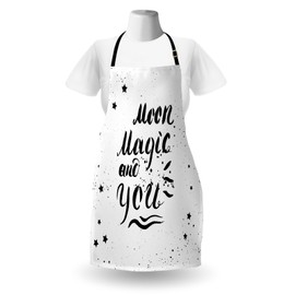 Ambesonne Romantic Apron, Moon Magic and You Inspirational Messy Modern Brush Pen Calligraphy with Stars, Unisex Kitchen Bib Apron with Adjustable Neck for Cooking Baking Gardening, Black White