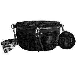 Cozlly Women's Bum Bag, Rhinestone PU Belt Bag, Women's Crossbody Bag, Wide Strap, Leather Shoulder Bag, Women's Small, Shoulder Crossbody Chest Bag with Coin Purse Pendant, black, Fashion