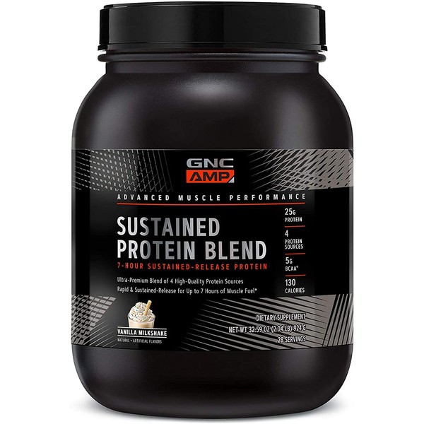 GNC AMP Sustained Protein Blend - Vanilla Milkshake, 28 Servings, High-Quality Protein Powder for Muscle Fuel*