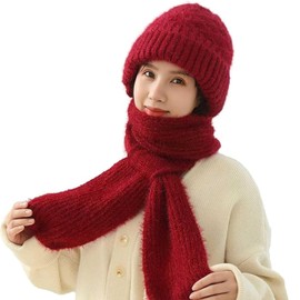 AWAVM Integrated Ear Protection Windproof Cap Scarf, Hooded Scarf Women,Winter Warm Knitted Hat Scarf, Thickening Beanie Hat Scarf,Women's Cold Weather Sets (Red)