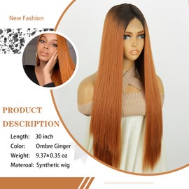Xinran Long Ombre Ginger Straight Wig for Women,30 Inch Middle Part orange wig，Natural Looking Synthetic Hair for Cosplay Daily Party(Ombre Ginger)