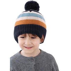 Malaxlx Baby Striped Navy Blue Pom Pom Beanie Hat Winter Warm Toddler Knitted Earflap Hat Fleece Lined Ski Skull Cap for 6-24 Months Boys Girls