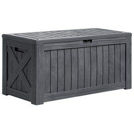 Greesum 120 Gallon Deck Box, Resin Outdoor Storage Container for Patio Furniture, Garden Tools, Pool Accessories, Weatherproof, Lockable, Gray