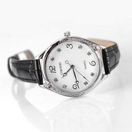 COMTEX Women’s Watches Black Leather White Dial Crystal Diamond Number