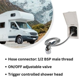 Marvix External Shower Point Water Outlet Socket White & Trigger Shower Head Set For Motorhome, Caravan, Campervan, Horsebox