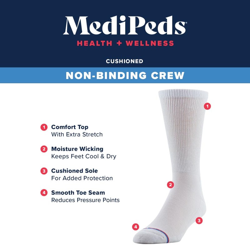 MediPeds Men's COOLMAX Crew Socks, 4-Pack Sockshosiery, white, Shoe Size: