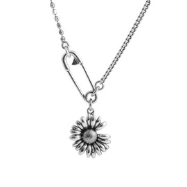 Vintage Daisy Flower Safety Pin Pendant Necklace for Women Ancient Dainty Retro Sunflower Charm Cuban Link Beaded Adjustable Chain Choker Necklaces Fashion Bohemian Summer Jewelry Bff Daughter Gifts