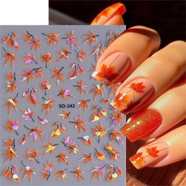 Maple Leaf Nail Art Stickers 3D Self-Adhesive Autumn Thanksgiving Nail Decals Fall Pumpkin Maple Leaves Nail Design Nails Art Decoration Women DIY Holiday Nail Art 6 Sheets