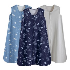 PHF Soft Baby Sleep Sack 12-18 Months 100% Organic Cotton Wearable Blanket, 2-Way Zipper 0.5 TOG Toddler Sleeping Sack 3 Pack, Comfy Sleep Bag for Baby Boys Girls, Navy Space (Large)