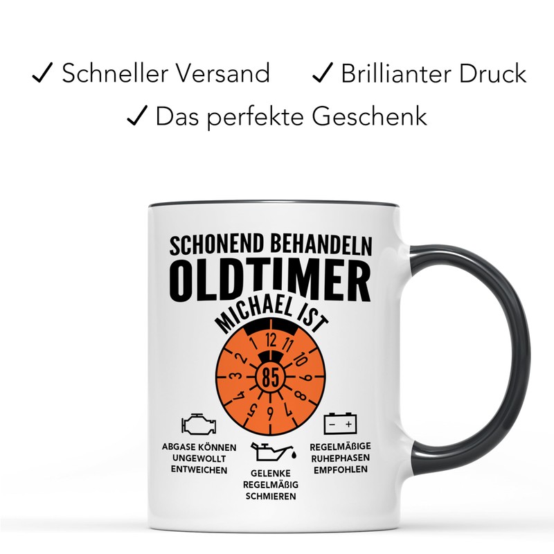Oldtimer Tasse 85. Geburtstag Mann personalisiert mit Namen Geschenkidee Geschenk