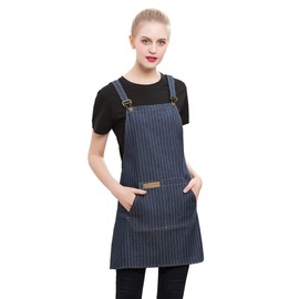 Denim Cross-Back Chef Bib Apron with Pockets for Men and Women (Blue Stripe)