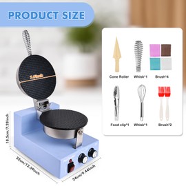 Popfoodex Commercial Waffle Cone Maker - 1200W Commercial Ice Cream Cone Maker w/ 8’’ Non-stick pan and 122–572°F Adjustable Temp, Waffle Cone Maker Machine w/Shaper Roller and Timer, for Restaurants
