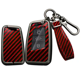 SANRILY Carbon Fiber Pattern Red 3/4 Button Key Fob Cover Case Fit for VW Atlas 2023 2024 Arteon Tiguan Jetta Passat Golf Alltrack Keyless with Keychain